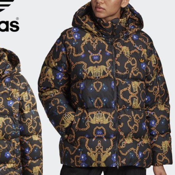 NEW Adidas OS Her Studio Down Puffer JACKET Coat Chains Leopard Floral Size L - Picture 1 of 13